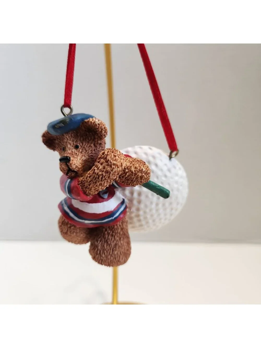 Kurt S. Adler Golf-Themed Teddy Bear Christmas Ornament Red Ribbon Hand-Painted